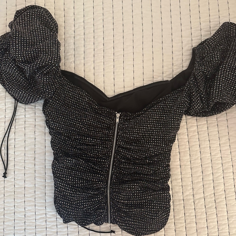 For Love and Lemons Black Sparkly Puff-Sleeve Top - Picture 2 of 3